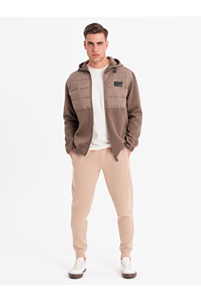 OMBRE Men's lightweight jacket with hood and decorative quilting - light brown V2 OM-JANP-0160