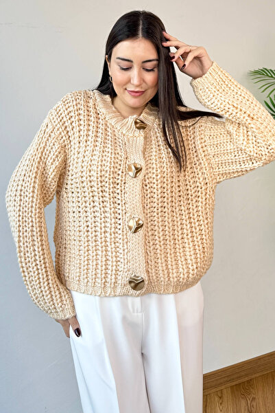 Cappmoda Trk-3086 Stone Color Thick Knitted Fabric Gold Button Oversize Cardigan