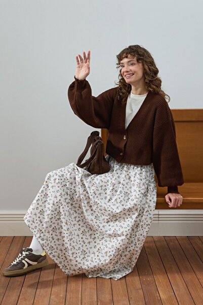 Ceylan Otantik Πλεκτή ζακέτα με μανίκια με μπαλόνι σε καφέ χρώμα