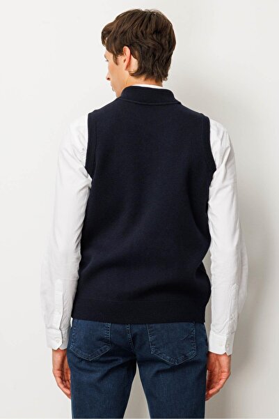 Desen Triko Men's Judge Collar Felt Wool Vest with Chest and Pocket, Dark Blue