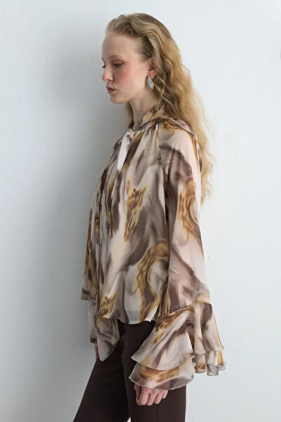 Gusto Halter Neck Patterned Chiffon Blouse - Beige