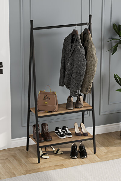 ED Efelez Design Jade Konfeksiyon Elbise Askılık , 2 Raflı Askılık , Siyah Metal - Atlantik Çam Tabla