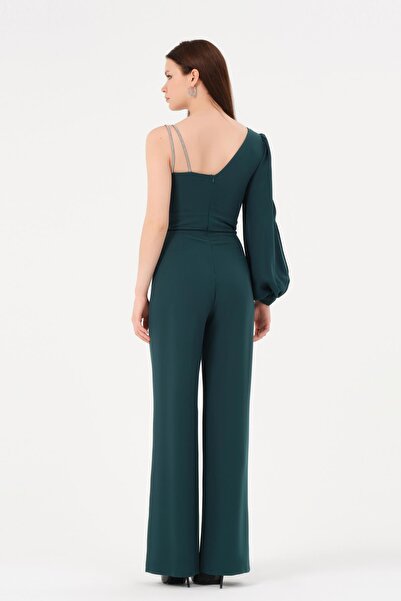 Dans Tekstil Tek Omuz Uzun Kollu Zincir Askı Detaylı Abiye Dar Kesim Tulum Yeşil