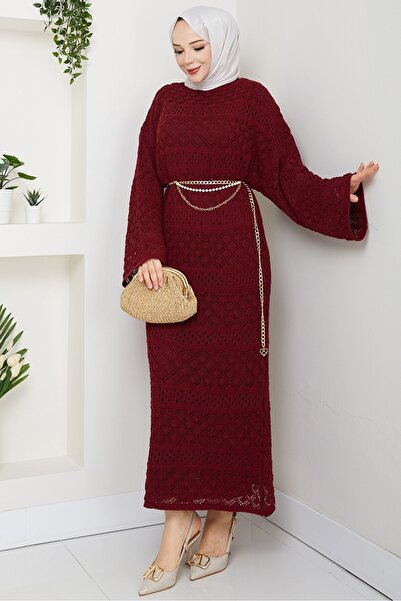 Bestenur Dantel Motifli Astarlı Triko Elbise 1601 - Bordo