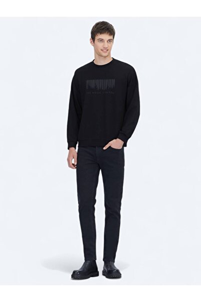 Kip Siyah Bisiklet Yaka Baskılı Sweatshırt