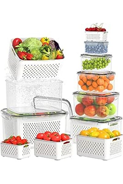 Generic منظم ثلاجة بلاستيكي من راكسوم، ١٢ قطعة، مع تصريف لتخزين الطعام والفواكه والخضروات