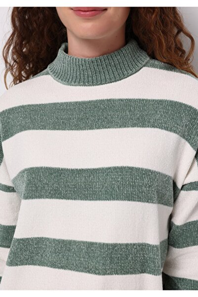 Colin's Regular Fit Yuvarlak Yaka Çizgili Kadın Yeşil Kazak