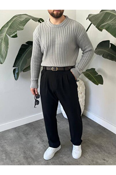 Gambocci Men's Oversized Lightweight Loose Knitwear Self-Striped Crew Neck Knitted Sweater