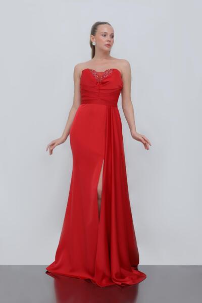 Dans Tekstil Straplez Yırtmaçlı Uzun Dar Kesim Abiye Elbise Kırmızı