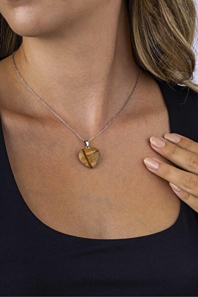 Gümüş Pazarım Heart Cut Original Agate Natural Stone Women's Necklace with Steel Chain