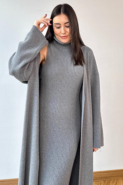 Cappmoda Tkm-13349 Gray Knitwear Cardigan & Ribbed Half-High Neck Sleeveless Dress Two-Piece Set