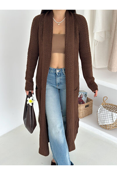b buhari bykoc Shawl Collar Double Pocket Long Knit Fabric Cardigan