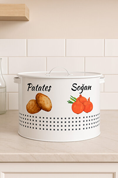 hemlife 2 Bölmeli Metal Kapaklı Tasarım Baskılı Büyük Boy Patates Soğan Saklama Kutusu Sebzelik Beyaz