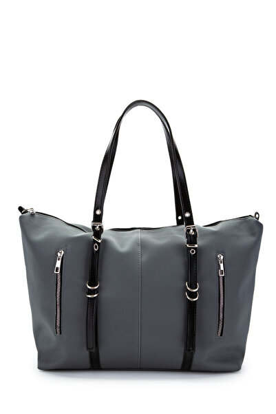 minebag Faux Leather Women's Shoulder Bag with Pocket Detail Glide Gray