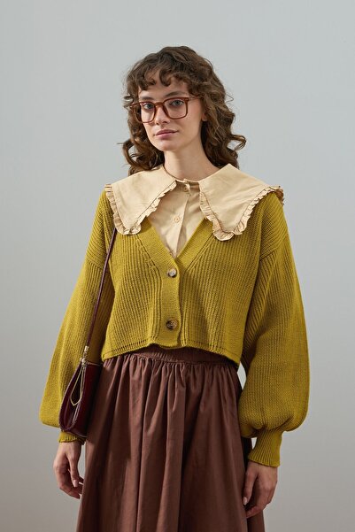 Ceylan Otantik Oil Green Balloon Sleeve Knitwear Cardigan