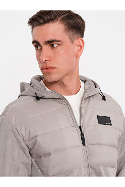 OMBRE Men's lightweight jacket with hood and decorative quilting - ash V3 OM-JANP-0160