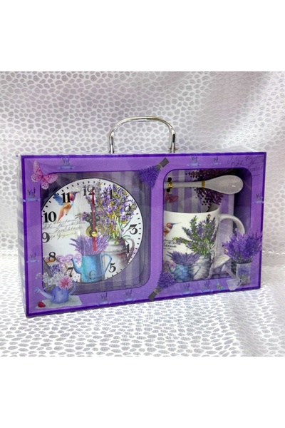 velve Set Purple Tea, cana din ceramica cu lingurita si ceas de perete in acelasi ton, Mov