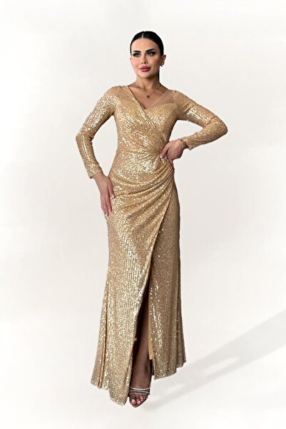 Dans Tekstil Payetli Uzun Dar Kesim Abiye Elbise Gold
