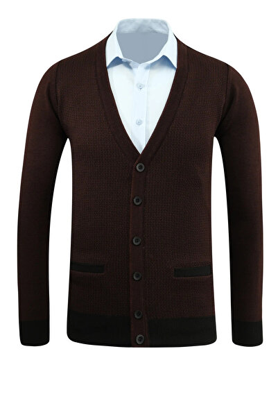 Çizgi Triko Men's Plus Size Buttoned Cardigan with Pockets Patterned Steel Knit Classic Fit - 5208Mb