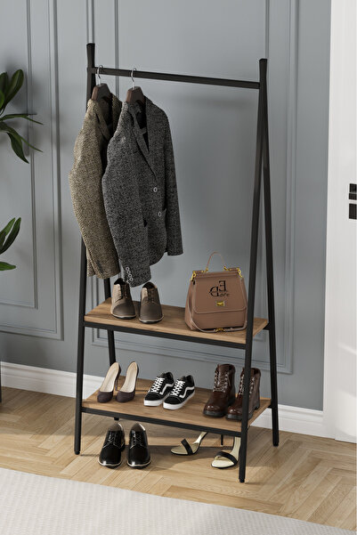 ED Efelez Design Jade Konfeksiyon Elbise Askılık , 2 Raflı Askılık , Siyah Metal - Atlantik Çam Tabla