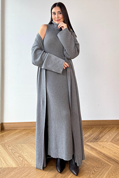 Cappmoda Tkm-13349 Gray Knitwear Cardigan & Ribbed Half-High Neck Sleeveless Dress Two-Piece Set