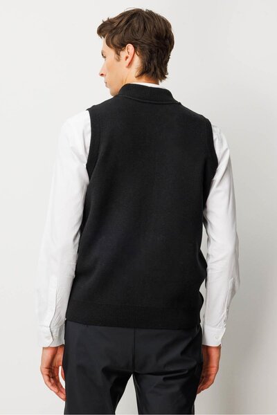 Desen Triko Men's Judge Collar Felt Wool Vest with Chest and Pocket Black