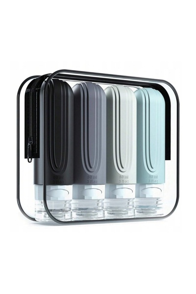 ECARLA - Set of silicone containers, travel bottles in shades of gray, 4x90 ml