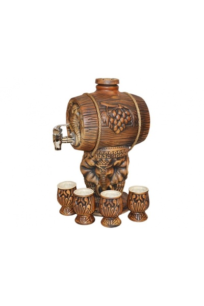 velve Set din ceramica Elefant, cu butoi pentru vin si patru pahare, Maro