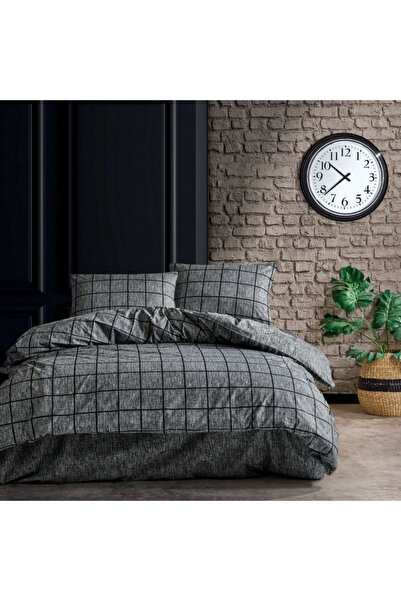 Cozy Home Lenjerie pat dublu bumbac ranforce cu elastic, Cozy Home, Kare negru cu carouri gri