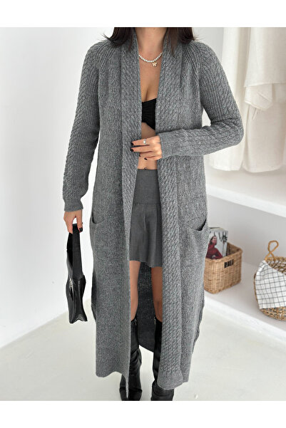 b buhari bykoc Shawl Collar Double Pocket Long Knit Fabric Cardigan