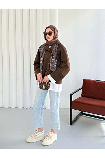 Hatun Atila Kruvaze Yaka Kısa Trençkot 999001 - Kahverengi