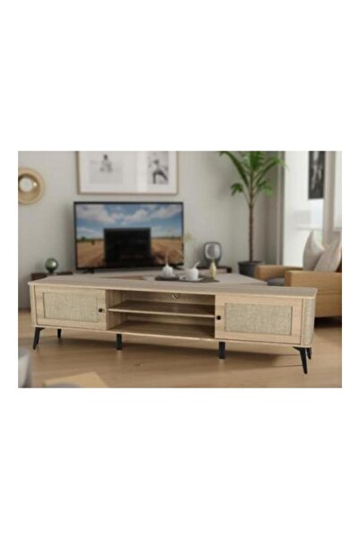Crestj Modern Wooden TV Table with Side Doors and Open Middle Shelves, Wooden Color, Dimensions 50x40x200 c
