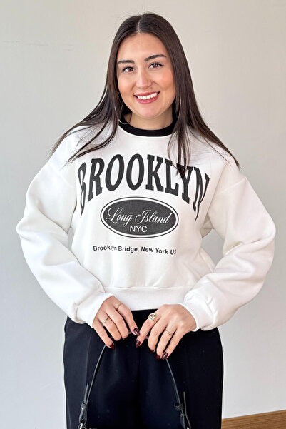 Cappmoda Swt-240 White Brooklyn Printed Three Thread Raised Sweatshirt