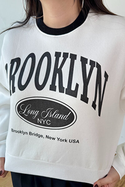 Cappmoda Swt-240 White Brooklyn Printed Three Thread Raised Sweatshirt