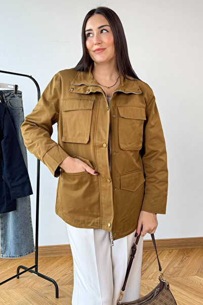 Cappmoda Ckt-12465 Mustard Padded Stand Collar Zippered Snap Fastener Bellows Pocket Lined Coat