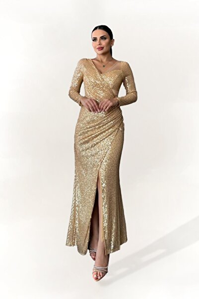 Dans Tekstil Payetli Uzun Dar Kesim Abiye Elbise Gold