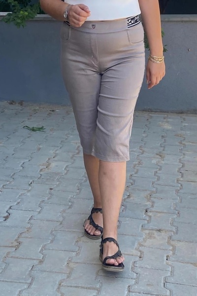 Mia Butik Plus Size Stone Color Elastic Waist Capri