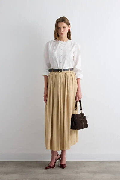 Gusto Long Skirt with Gathered Waistband - Beige