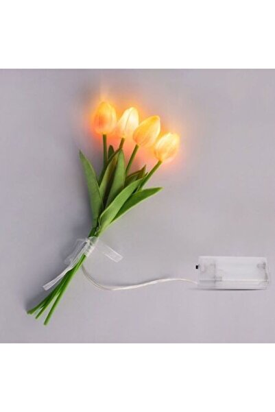 SHOPIENS Buchet decorativ cu lalele galbene somon și LED pentru interior 33cm 4 bucăți flori artificiale cu