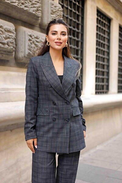 LOVELF 6 Düğmeli Kruvaze Ekose Takım Lacivert