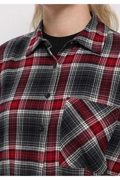 Colin's Regular Fit Shirt Neck Ekoseli Kadın Bordo Uzun Kol Gömlek