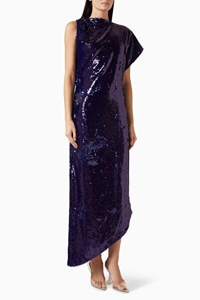 SIRAPOP Sinara Dress, Blue Sequined Asymmetrical Drape Neck Design