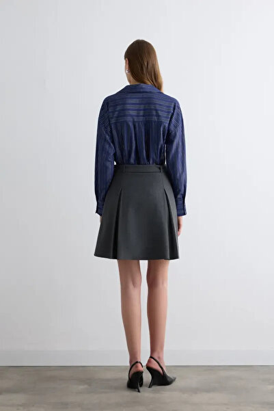 Gusto Balıksırtı Kemerli Mini Etek - Gri