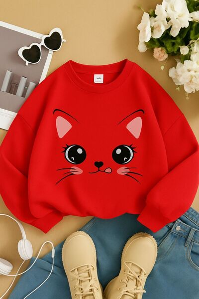 BENROMA 3 İPLİK PENYE KEDİCİK BASKILI ÜNİSEX ÇOCUK SWEAT