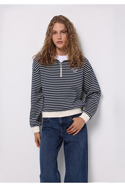 Colin's Regular Fit Polo Neck Striped Women's Navy Blue Sweatshirt