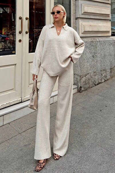 solena sln Жіночий светр з поло-комірцем Oversize та штани Жіночий комплект з трикотажу