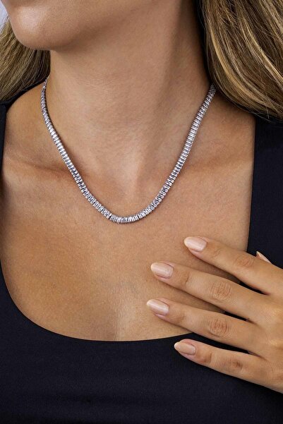 Gümüş Pazarım Baget Taşlı Sıralı Beyaz Altın Kaplama Su Yolu Kadın Çelik Kolye