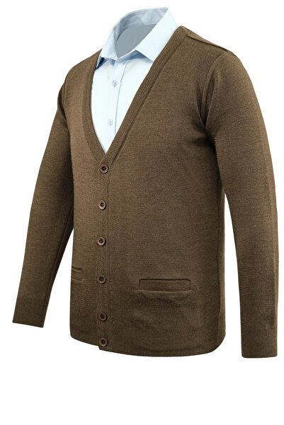 Çizgi Triko Men's Plus Size Buttoned Cardigan with Pockets Solid Color Steel Knit Classic Fit - 5200Mb
