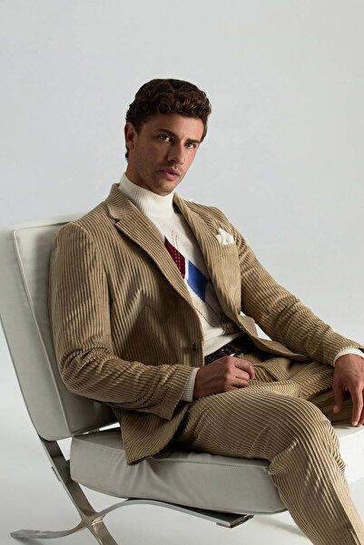 Hemington Pamuk Karışımlı Çizgi Desen Camel Kadife Blazer Ceket