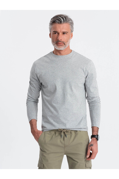 OMBRE Pánské tričko BASIC s dlouhým rukávem a kulatým výstřihem - šedá melanž V3 OM-LSBL-0106 XXL